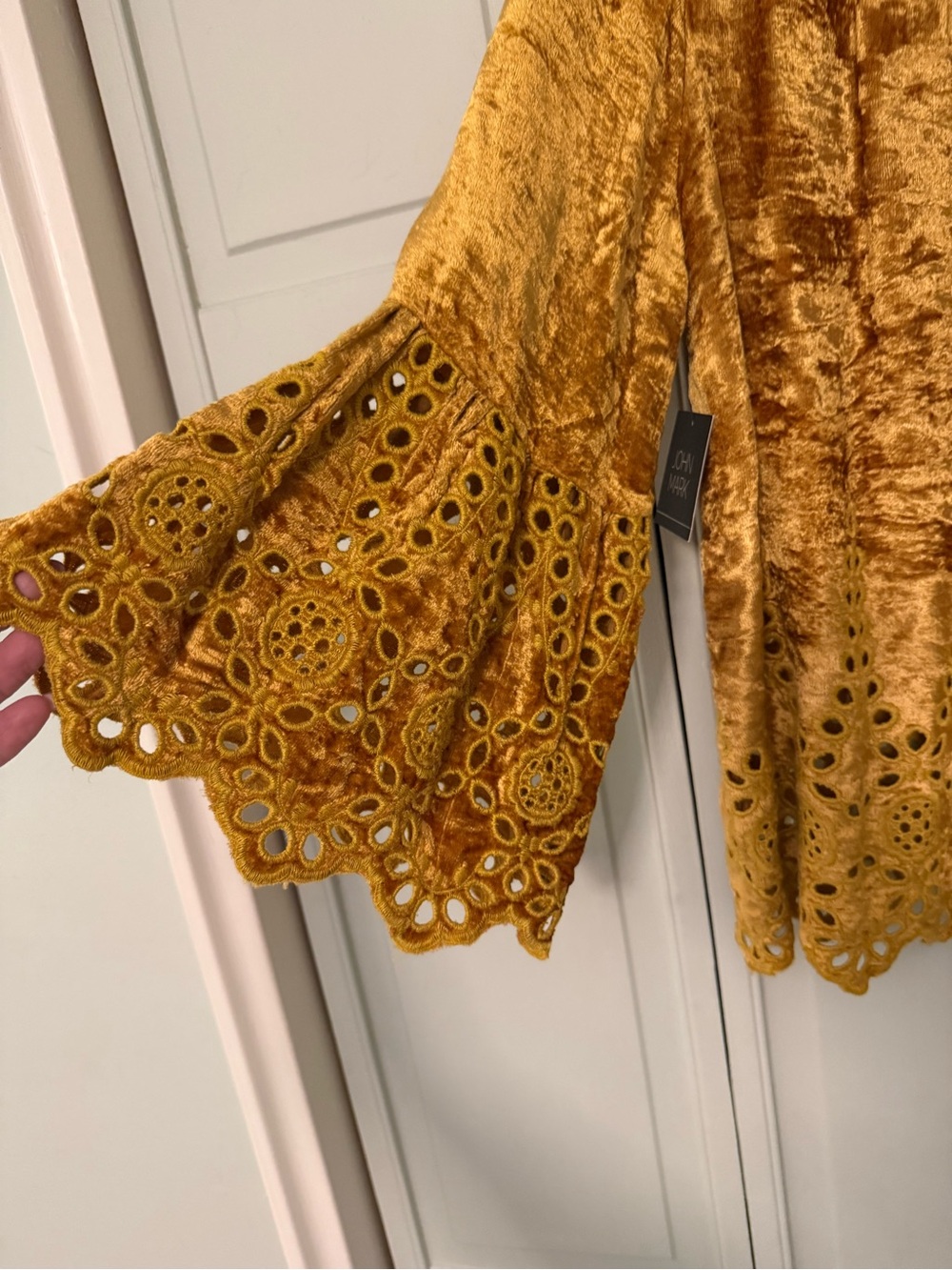 John Mark Women's Mustard Gold Velvet Eyelet Bell Sleeve Blouse - Picture 6 of 11
